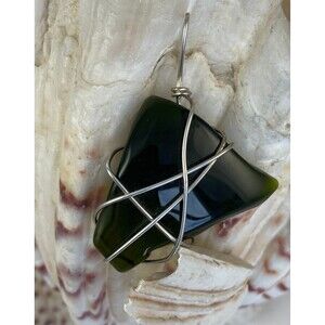 Vintage Handmade Beach Seaglass Pendant Emerald Green Sterling Silver Wire Wrap